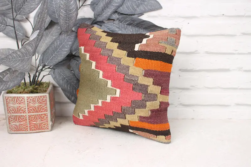 Pillow for Couch, Pillow Cover, 12x12 Pink Pillow Cover, Ethnical Kilim Rug Pillow, Boho Pillow, Decorative Throw Cushion - 4