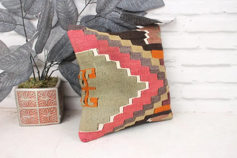 Pillow for Couch, Pillow Cover, 12x12 Pink Pillow Cover, Ethnical Kilim Rug Pillow, Boho Pillow, Decorative Throw Cushion - 3