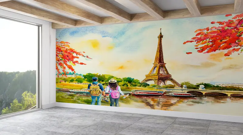 Lovers Watching The Eiffel,Custom Wall Paper,Paper Wall Art ,View Wall Print,Modern Wall Paper,Lovers For Gift Wall Decor, - 5