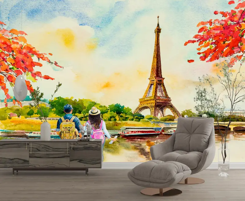 Lovers Watching The Eiffel,Custom Wall Paper,Paper Wall Art ,View Wall Print,Modern Wall Paper,Lovers For Gift Wall Decor, - 1