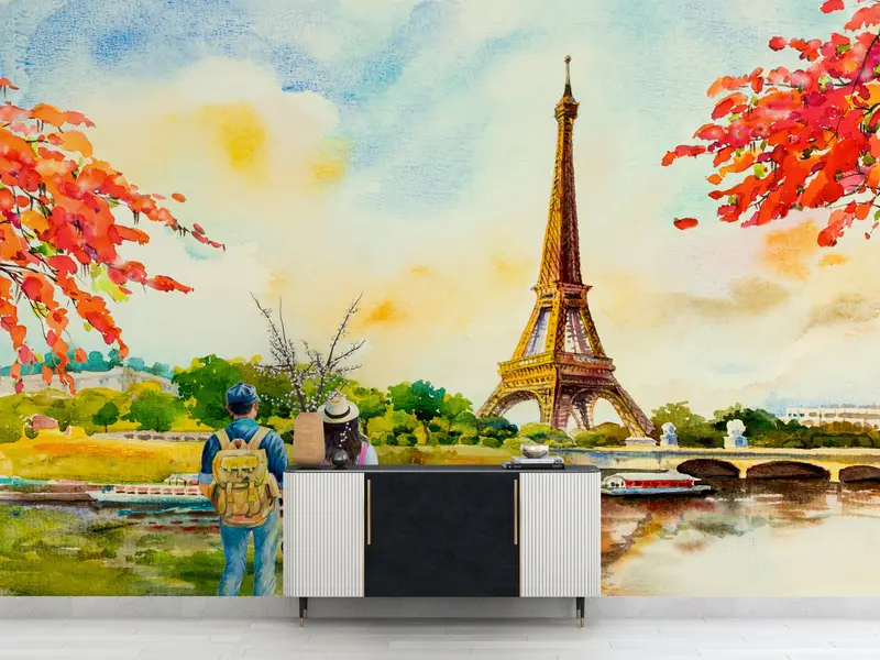 Lovers Watching The Eiffel,Custom Wall Paper,Paper Wall Art ,View Wall Print,Modern Wall Paper,Lovers For Gift Wall Decor, - 2