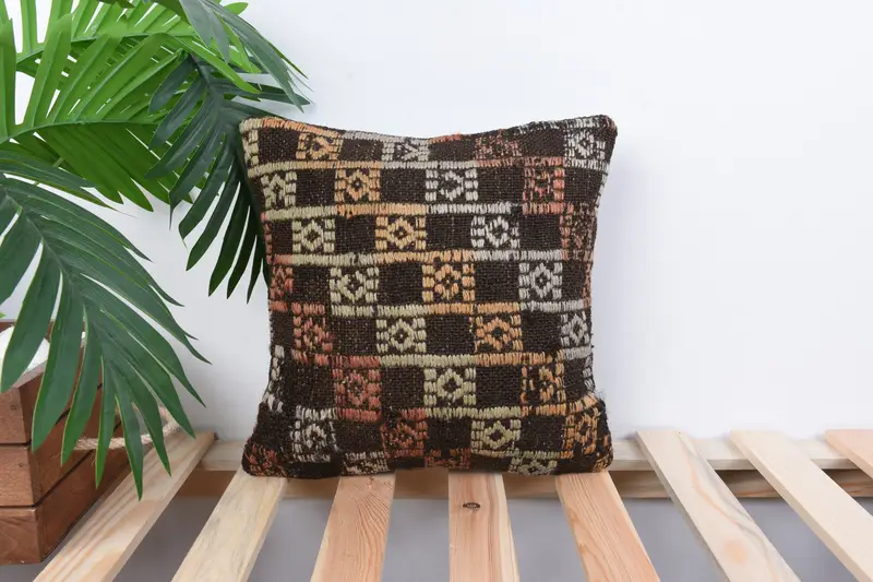 Ottoman Cushion, Home Decor Pillow, Turkish Kilim Pillow, Boho Pillow, 12x12 Brown Pillow Sham, Retro Throw Pillow Cover, Cushion - 1