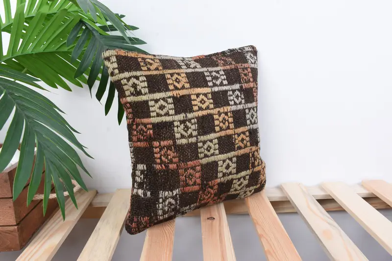Ottoman Cushion, Home Decor Pillow, Turkish Kilim Pillow, Boho Pillow, 12x12 Brown Pillow Sham, Retro Throw Pillow Cover, Cushion - 3