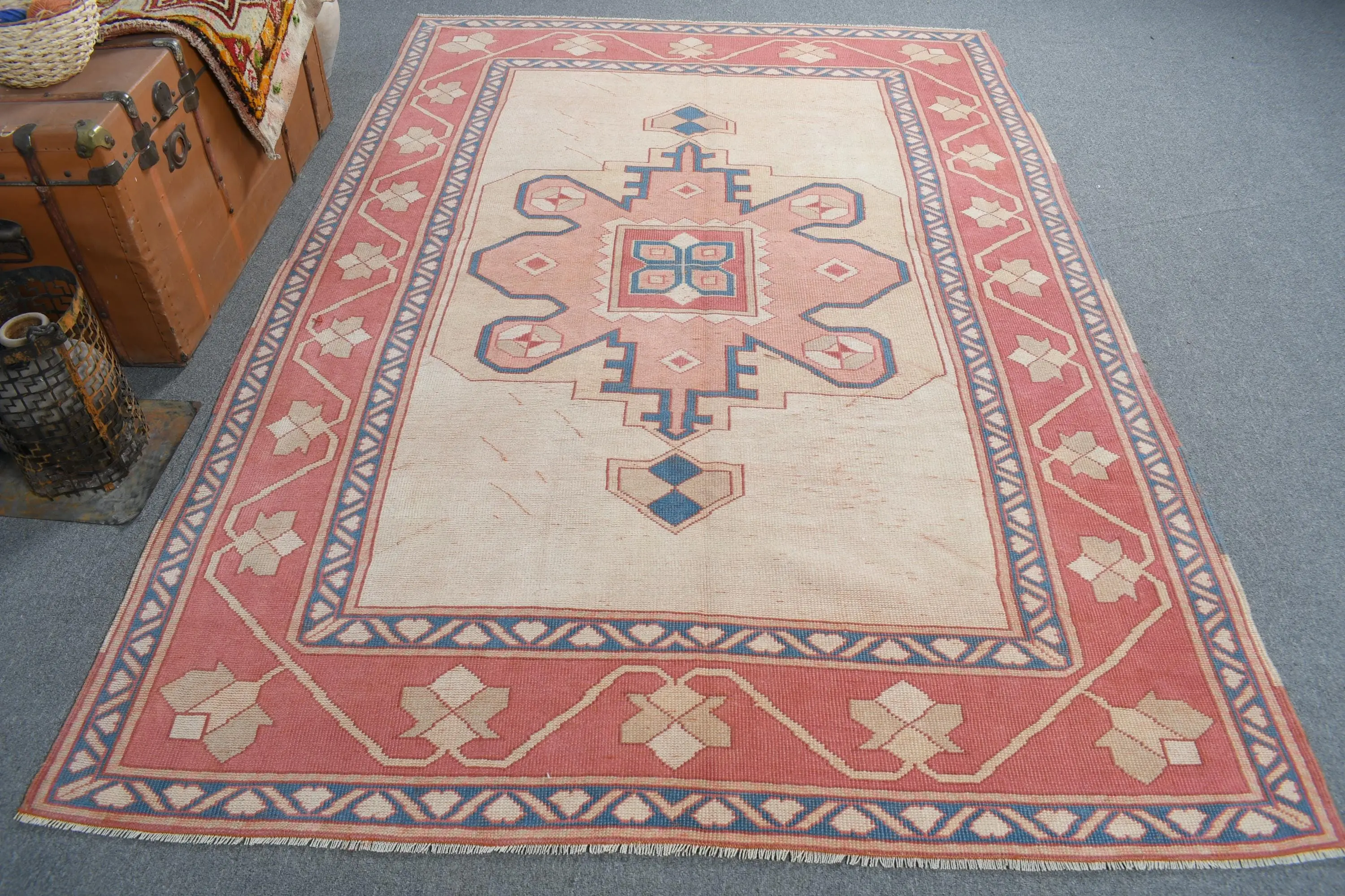 Türk Büyük Halı 5.7x8.2 ft (173x251 cm), Kırmızı Çiçekli Vintage Halı - 1