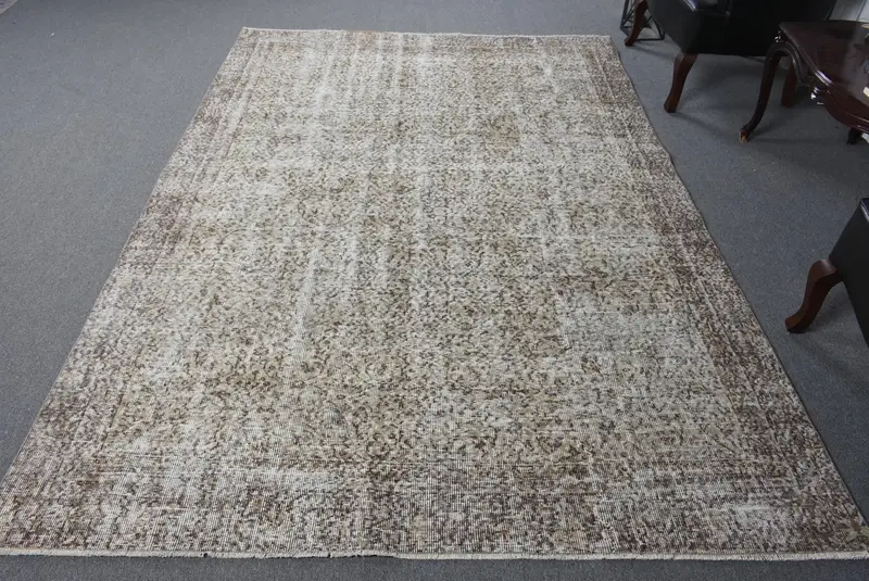 6.1x8.9 ft Büyük Türk Halısı, Vintage Halı, Kahverengi Beyaz Çiçekli Yün Halı - 1
