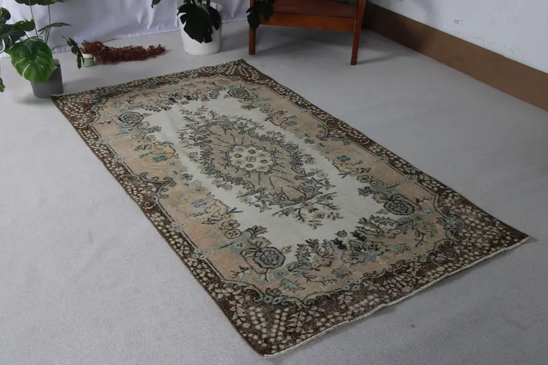 Vintage Türk Halısı, 3.7x6.8 ft Alan Halısı, Kahverengi Oushak Fas Halısı - 1