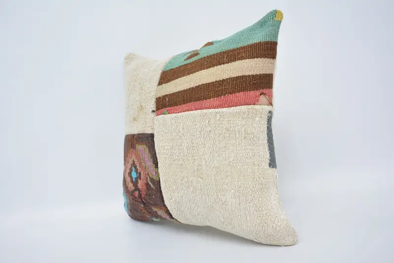 Wool Kilim Pillow Cushion, Handmade Kilim Cushion, Pillow for Sofa, 16x16 White Pillow, Pillow, Gift Pillow, Turkish Bench Pillow Cover - 4