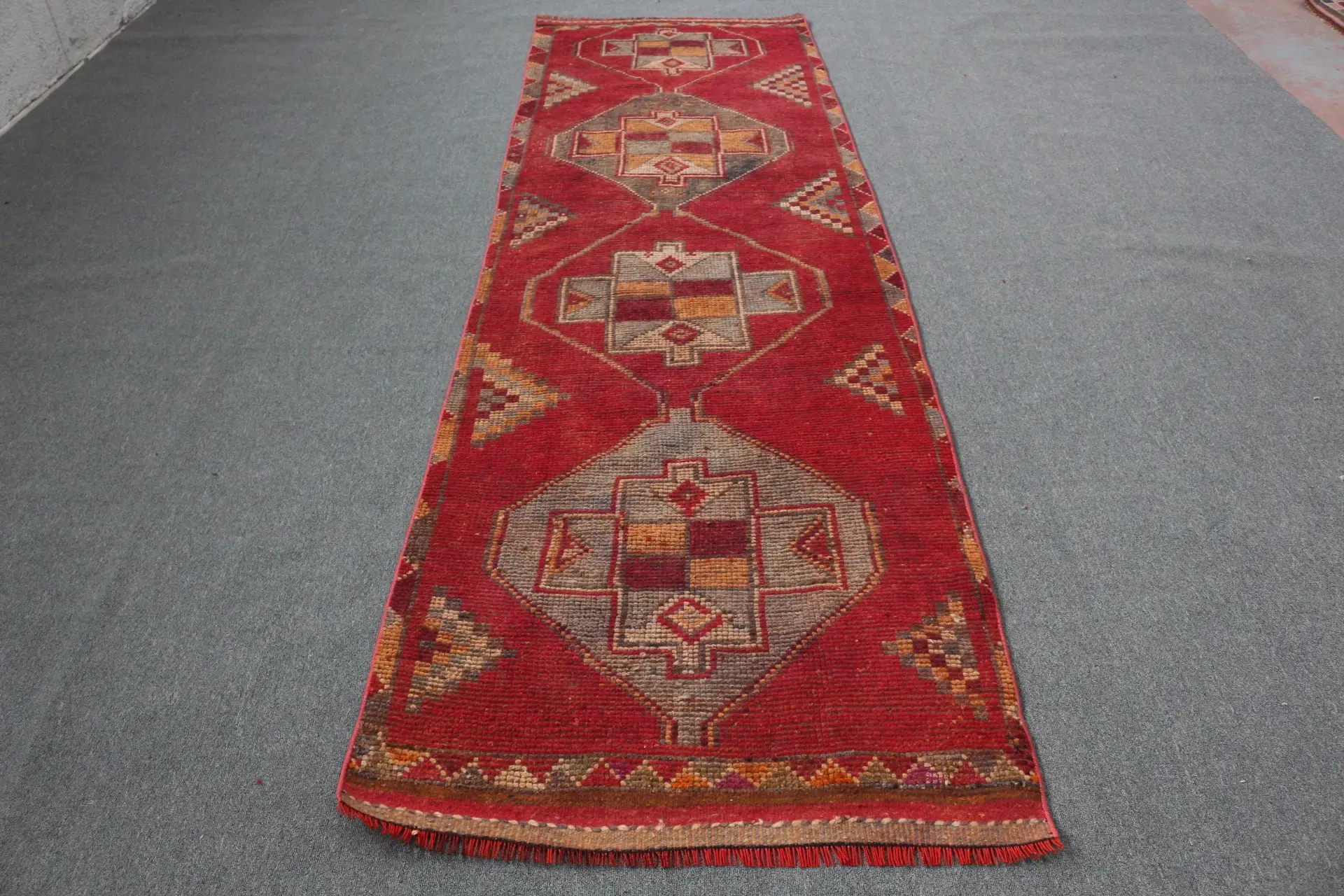 Türkischer 3,2x10,5 ft Läuferteppich, Vintage Teppich, Herki Roter Orientteppich - 1