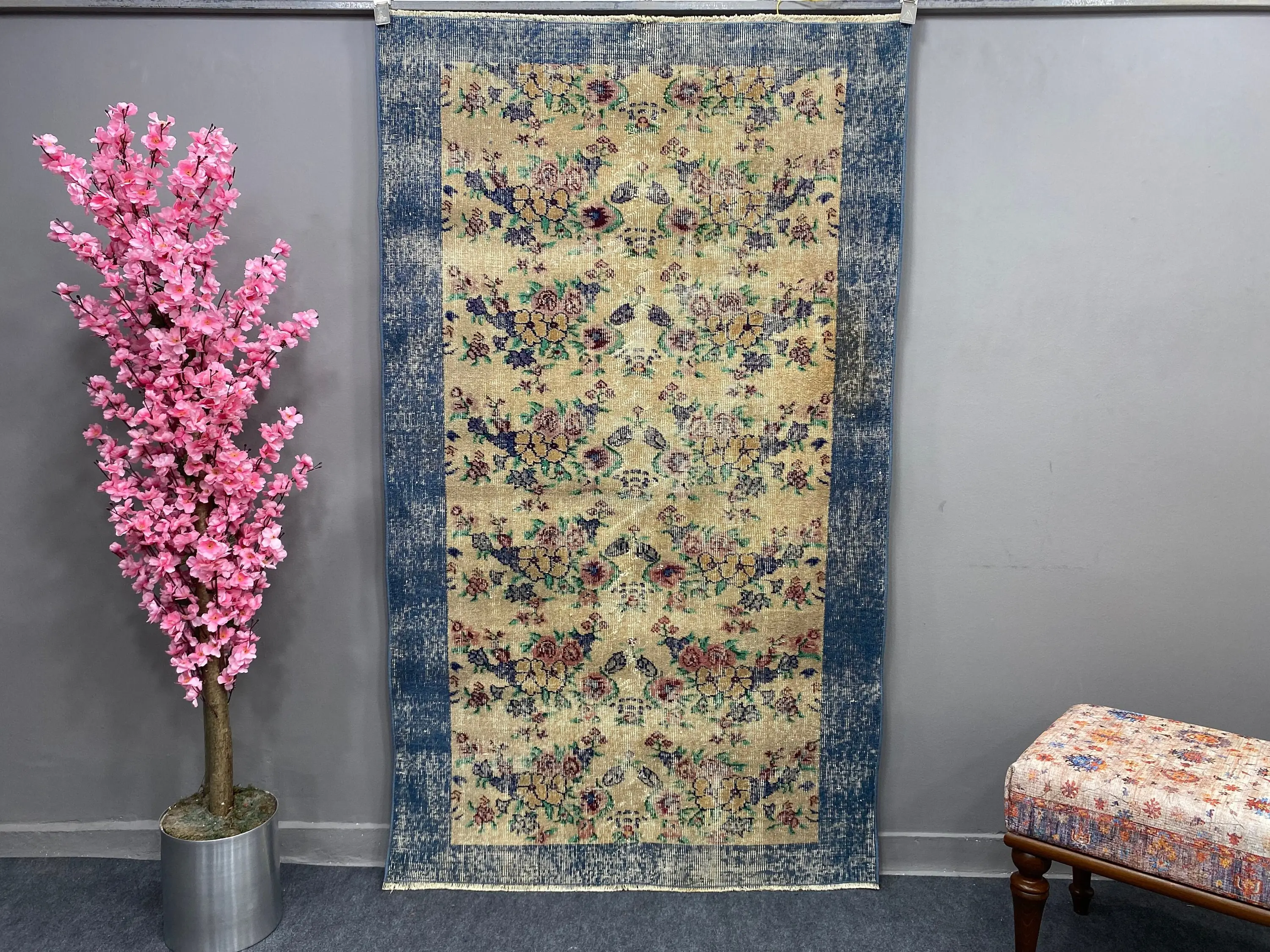 3.8x6.4 ft Vintage Rug, Blue Plants & trees Turkish Wool Rug - 1