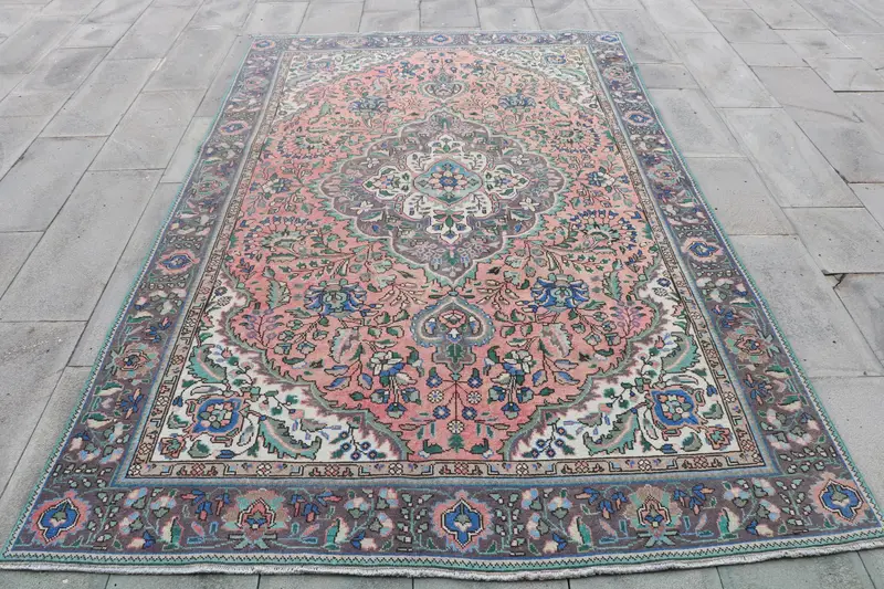 Vintage Turkish Rug, 5.9x9.2 ft Large Rug, Pink Oushak Oriental Rug - 1