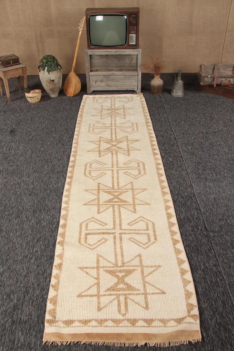 Vintage Teppich, 3x11,4 ft Läufer Türkischer Teppich, Herki Beige Braun Abstrakter Teppich - 1