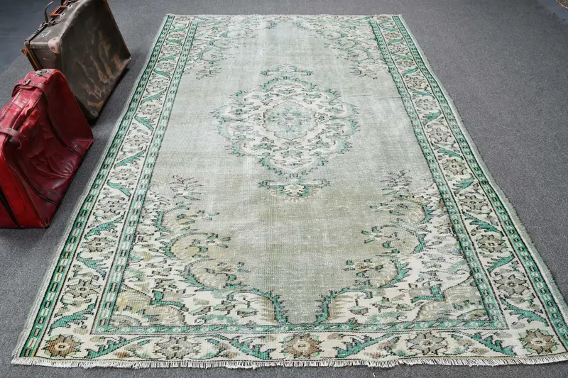 6.1x9.2 ft Halı, Türk Vintage Büyük Halı, Yeşil Oushak Yün Halı - 1