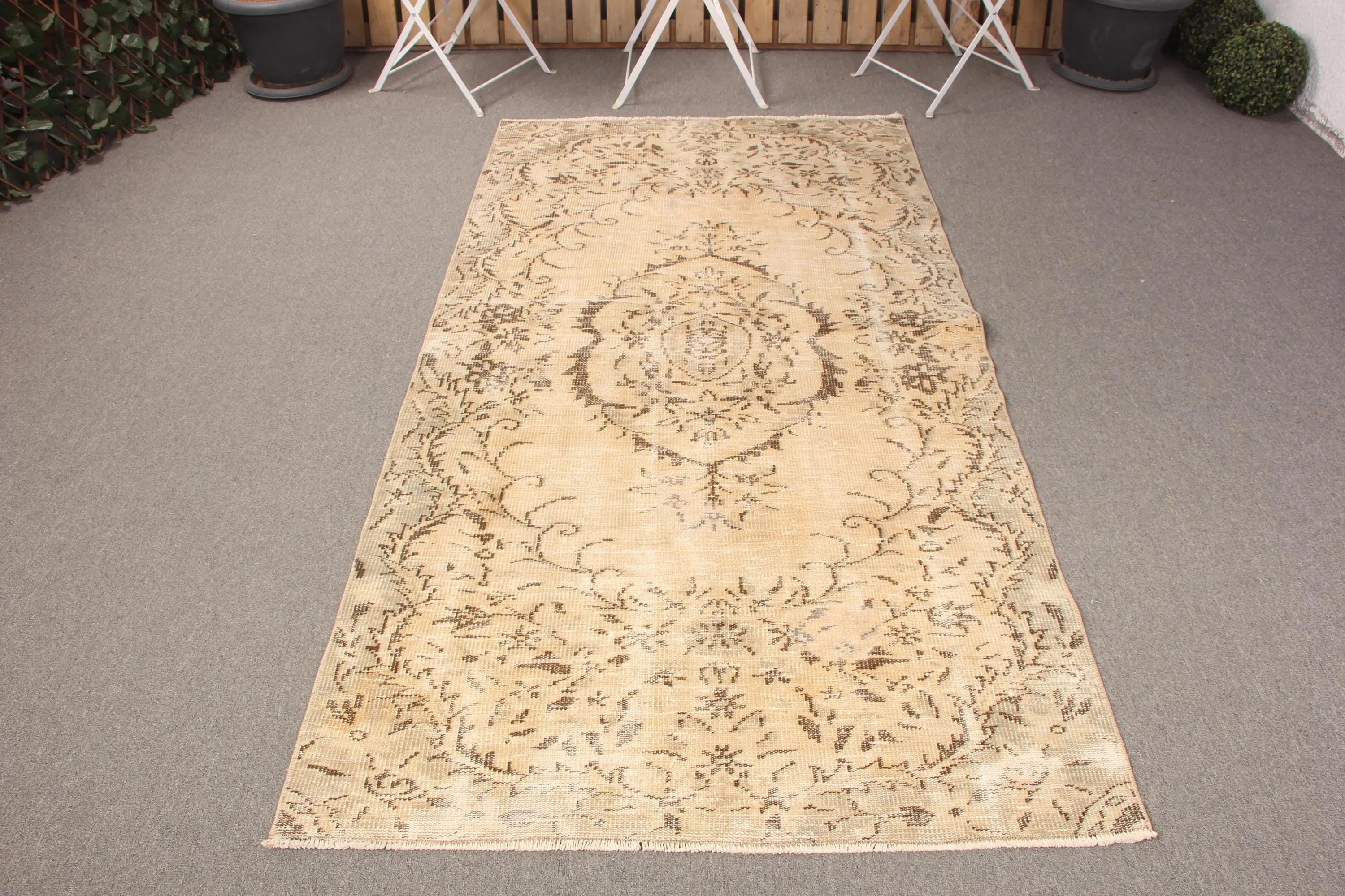 Turkish Vintage Area Rug 3.8x7.3 ft, Yellow Brown Camouflage Rug - 1