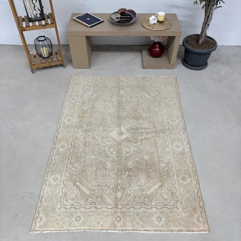 4.3x6 ft Rug, Turkish Oushak Rug, Vintage Beige Wool Paisley Rug - 1