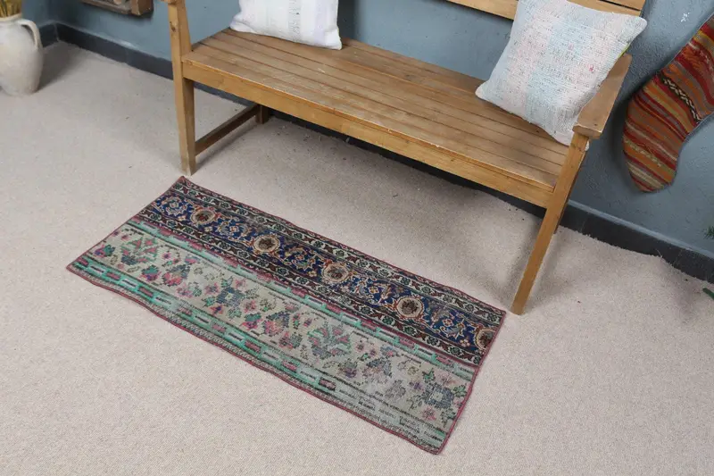 グリーン サウスウェスタン ラグ、1.7x3.8 フィート ブルー アクセント