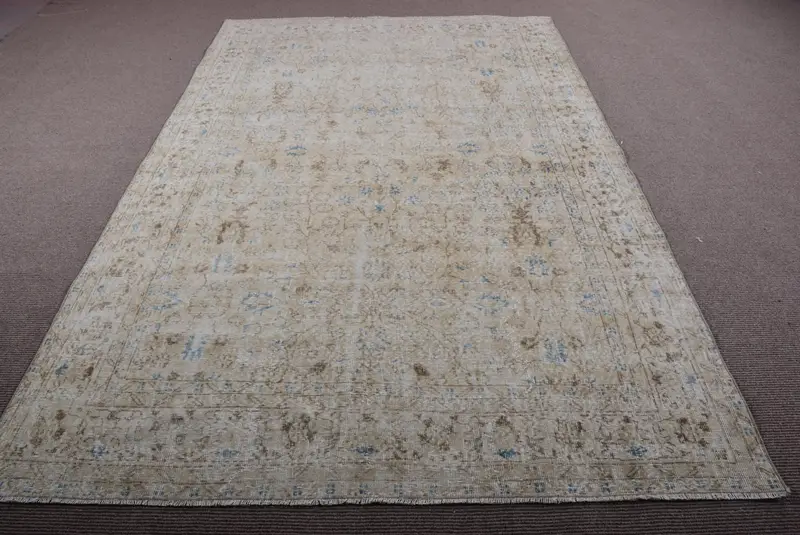 6.3x9.7 ft Vintage Rug, Turkish Large Rug, Beige Blue Bordered Rug - 1