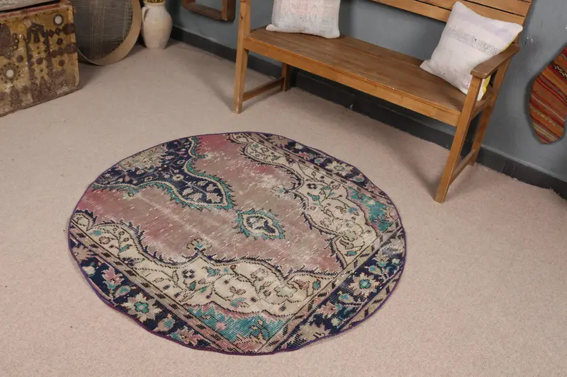 Eleganter beige-blauer Teppich, 4,4 x 4,4 Fuß großes Randdesign