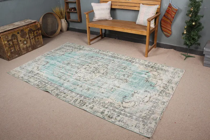 Türk Vintage Halı, 4.6x7.6 ft Oushak Halı, Mavi Çiçekli Yün Halı - 1