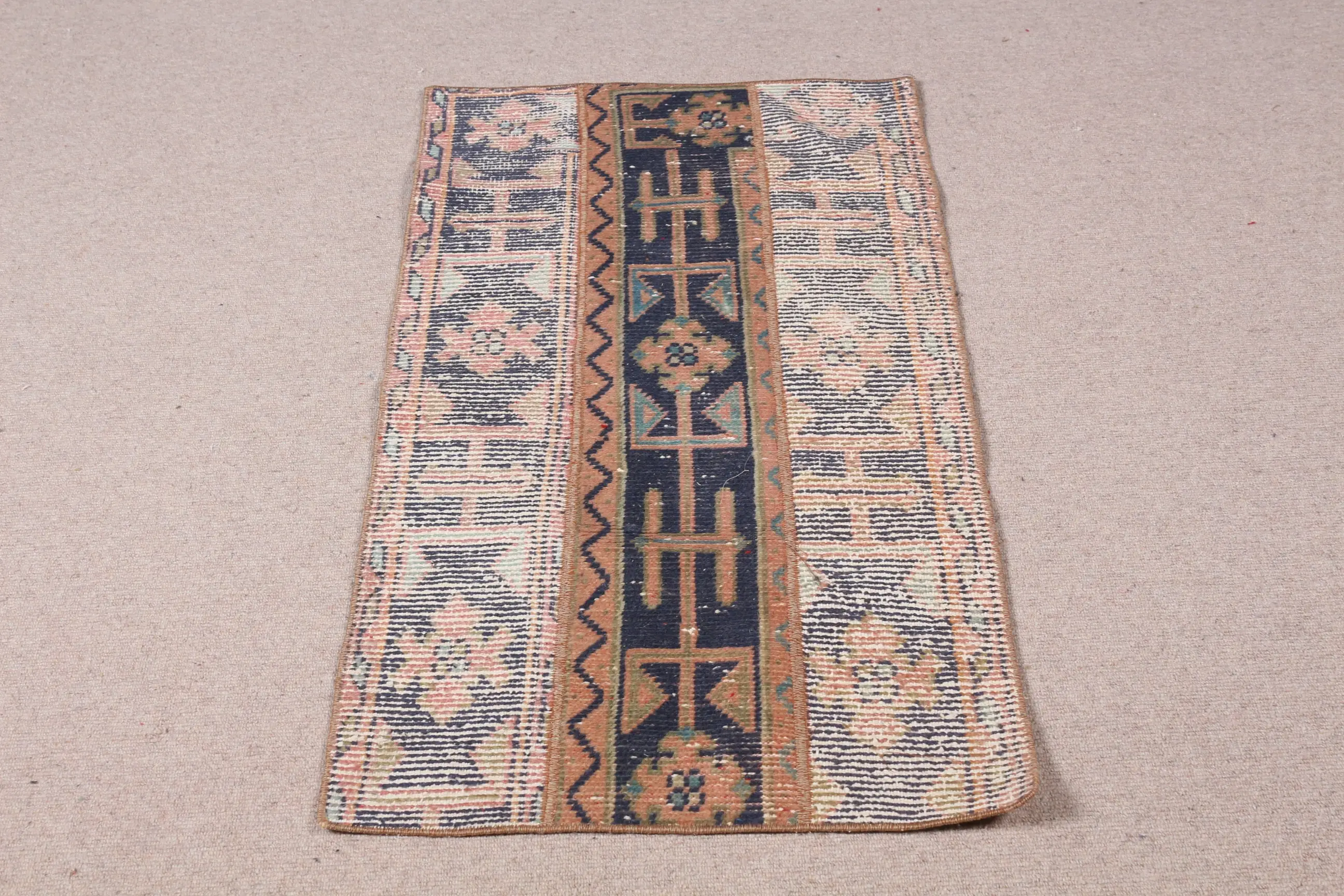 Turkish 2x3.8 ft Rug, Small Vintage Rug, Blue Brown Moroccan Rug - 1