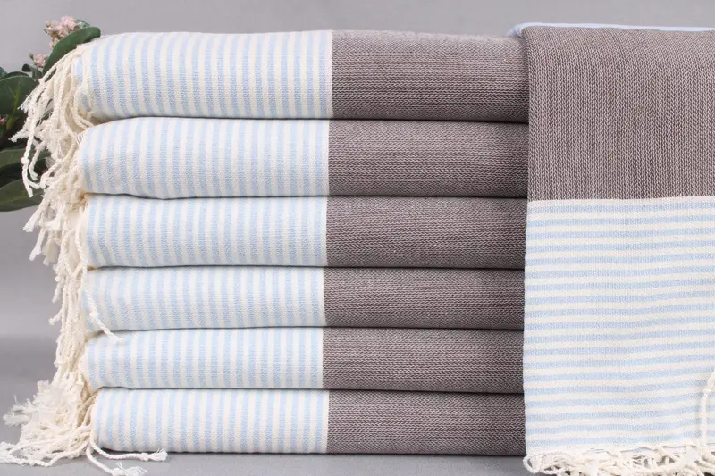 Embroidered Beach Towel Personalized Turkish Cotton Brown-Baby Blue, 40x69 Inches