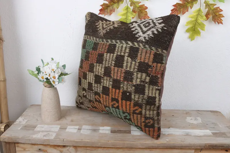 16x16 Brown Pillow, Pillow, Pattern Throw Pillow Case, Pillow for Couch, Vintage Kilim Pillow, Vintage Kilim Throw Pillow - 4