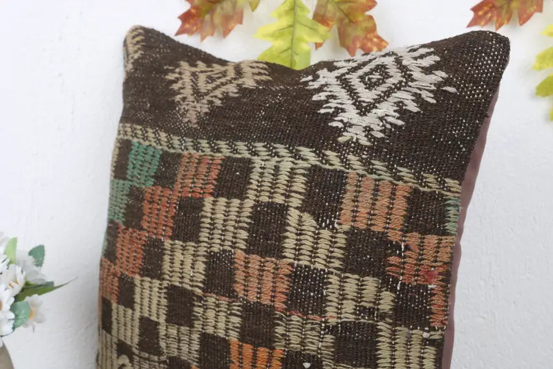16x16 Brown Pillow, Pillow, Pattern Throw Pillow Case, Pillow for Couch, Vintage Kilim Pillow, Vintage Kilim Throw Pillow - 5