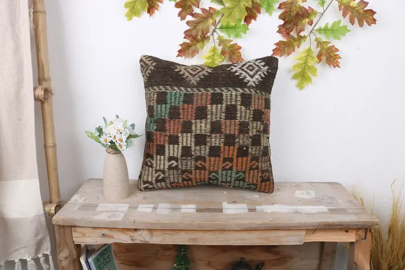 16x16 Brown Pillow, Pillow, Pattern Throw Pillow Case, Pillow for Couch, Vintage Kilim Pillow, Vintage Kilim Throw Pillow - 1