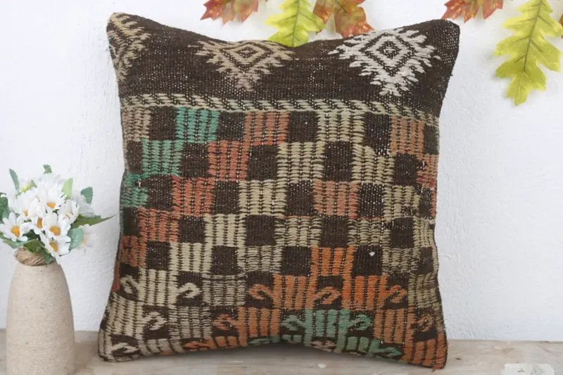 16x16 Brown Pillow, Pillow, Pattern Throw Pillow Case, Pillow for Couch, Vintage Kilim Pillow, Vintage Kilim Throw Pillow - 2