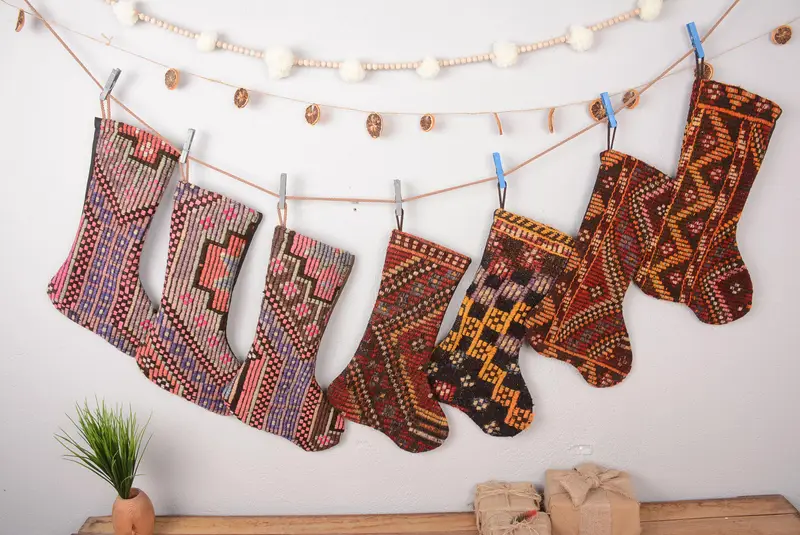 Yılbaşı Süslü Rustik Kilim Çorabı, Organik Çorap Dekoru