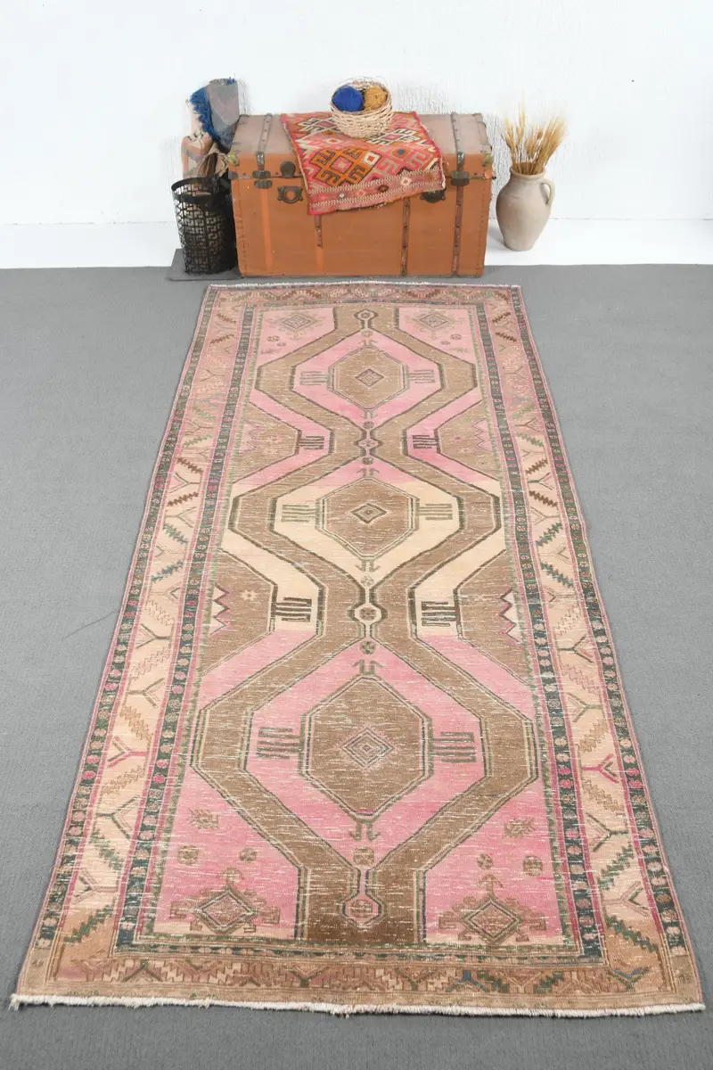 Türk 4.2x9.4 ft Halı, Oushak Vintage Halı, Pembe Fas Halısı Yün - 1
