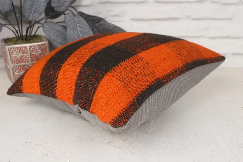 Ikat Pillow Sham, Vintage Kilim Pillow, 14x14 Orange Pillow Cover, Turkish Kilim Pillow, Pillow Case, Vintage Kilim Throw Pillow - 6