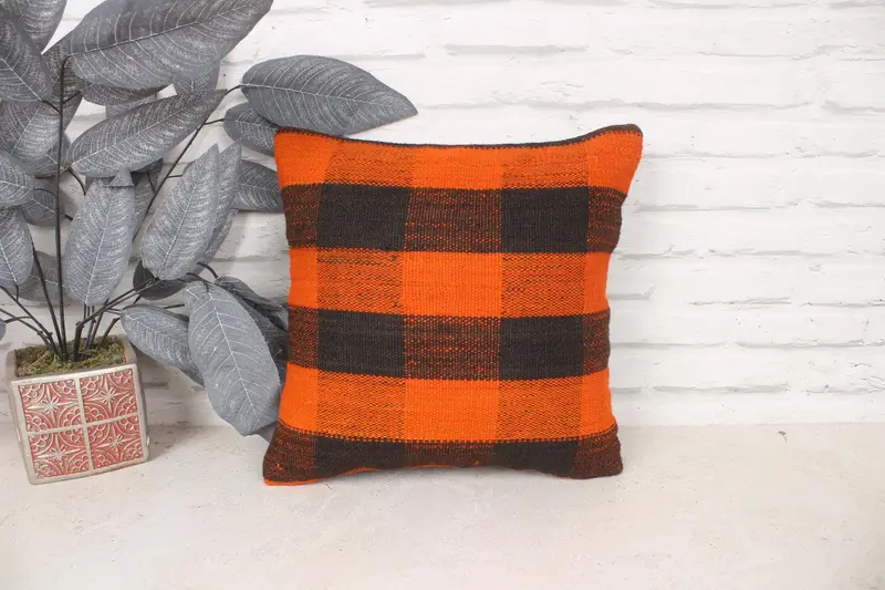 Ikat Pillow Sham, Vintage Kilim Pillow, 14x14 Orange Pillow Cover, Turkish Kilim Pillow, Pillow Case, Vintage Kilim Throw Pillow - 1