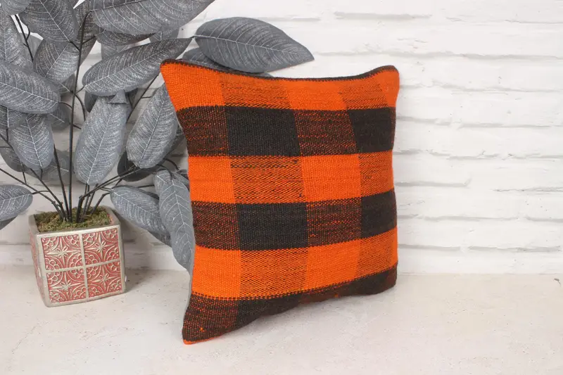 Ikat Pillow Sham, Vintage Kilim Pillow, 14x14 Orange Pillow Cover, Turkish Kilim Pillow, Pillow Case, Vintage Kilim Throw Pillow - 3