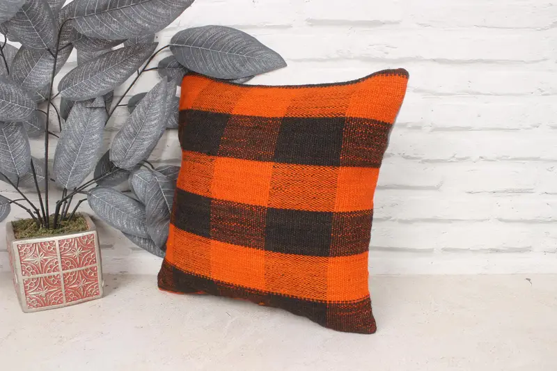 Ikat Pillow Sham, Vintage Kilim Pillow, 14x14 Orange Pillow Cover, Turkish Kilim Pillow, Pillow Case, Vintage Kilim Throw Pillow - 4