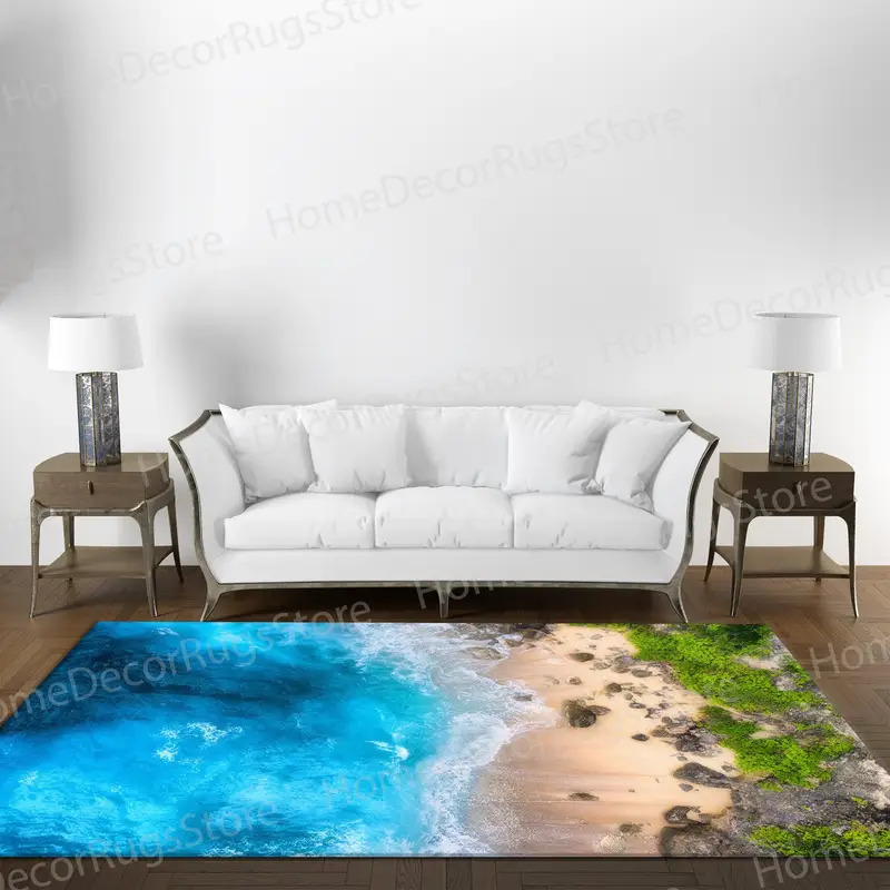 Alfombra estampada elegante: diseño de paisaje marino costero para hogares modernos