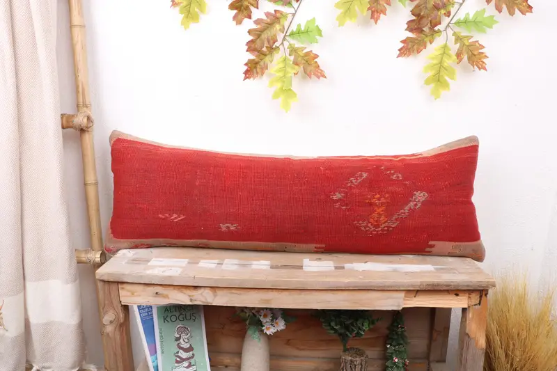 Ethnical Kilim Rug Pillow, 12x36 Red Cushion Cover, Vintage Kilim Throw Pillow, Cushion Case, Car Pillow Case, Rustic Cushion, Kilim Pillow - 1