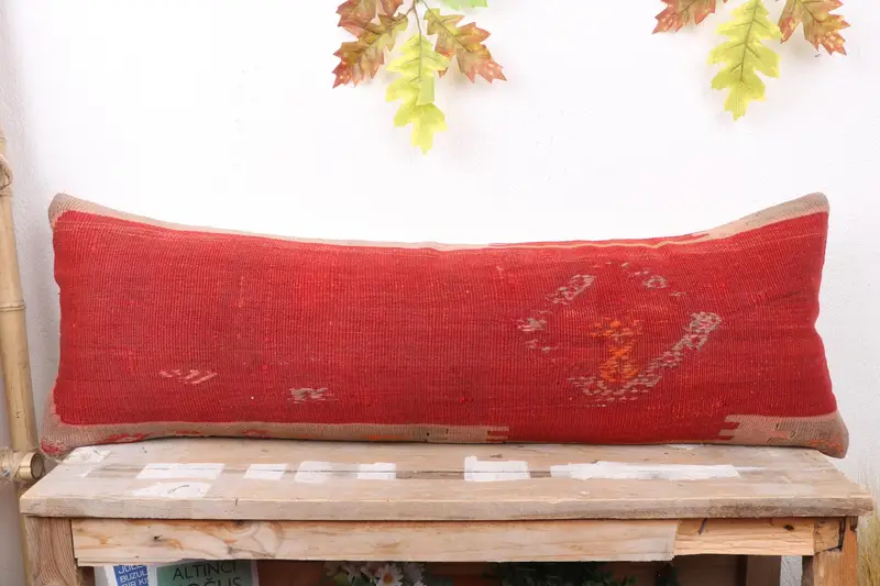 Ethnical Kilim Rug Pillow, 12x36 Red Cushion Cover, Vintage Kilim Throw Pillow, Cushion Case, Car Pillow Case, Rustic Cushion, Kilim Pillow - 2