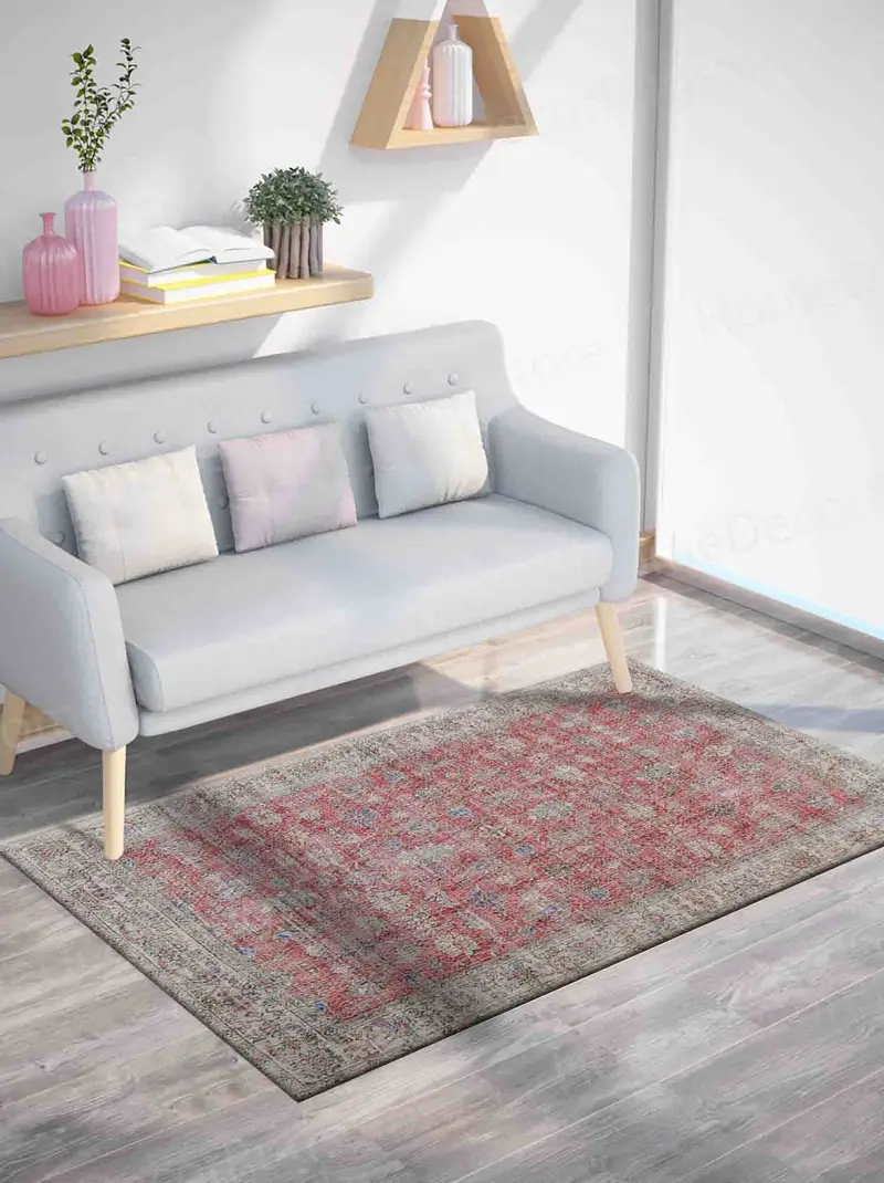 Vintage Etnik Oushak Tasarımlı Kırmızı Çiçek Baskılı Halı