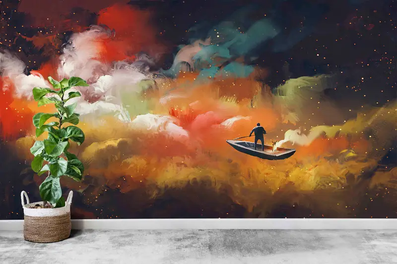 Papel pintado impreso: nubes y barcos coloridos en un mar abstracto