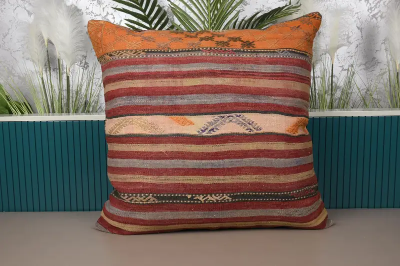 Rot & Bronze gestreiftes Kissen, handgefertigtes besticktes Leinenkissen