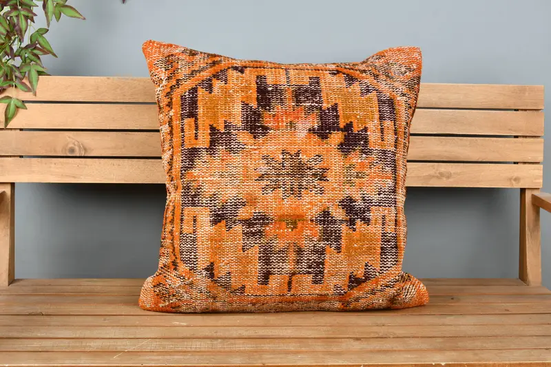 Home Decor Pillow, Vintage Kilim Throw Pillow, Cushion Case, Turkish Kilim Pillow, Bench Pillow, Indoor Cushion, 24x24 Orange Pillow - 6
