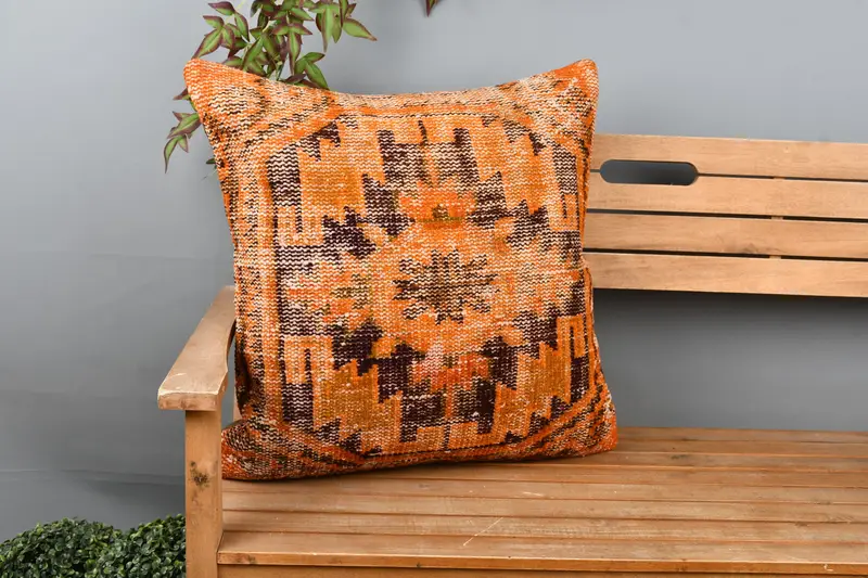 Home Decor Pillow, Vintage Kilim Throw Pillow, Cushion Case, Turkish Kilim Pillow, Bench Pillow, Indoor Cushion, 24x24 Orange Pillow - 1