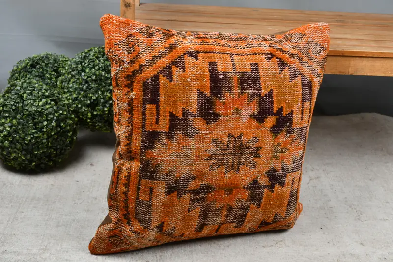 Home Decor Pillow, Vintage Kilim Throw Pillow, Cushion Case, Turkish Kilim Pillow, Bench Pillow, Indoor Cushion, 24x24 Orange Pillow - 7