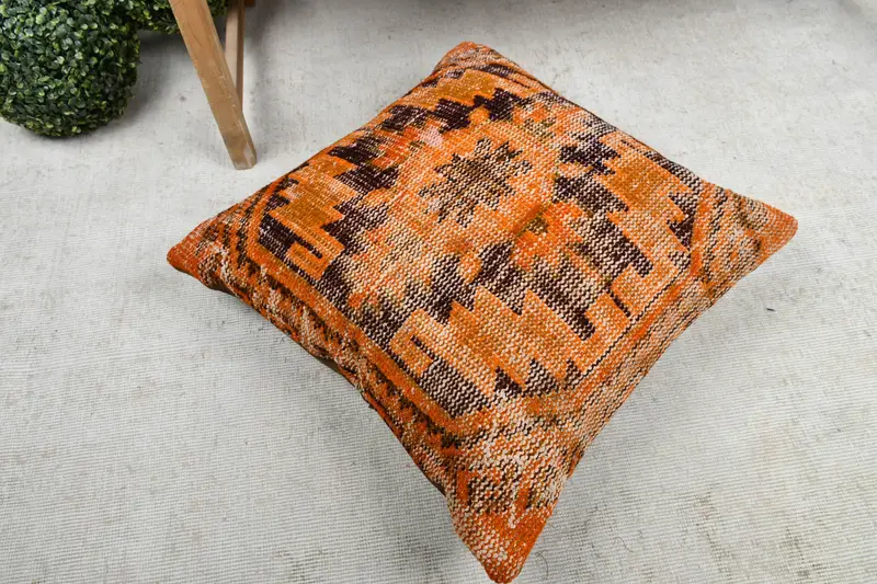 Home Decor Pillow, Vintage Kilim Throw Pillow, Cushion Case, Turkish Kilim Pillow, Bench Pillow, Indoor Cushion, 24x24 Orange Pillow - 8