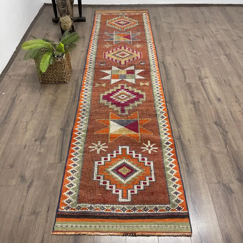 Purple & Orange Rug, 2,8x11,5 ft Geometric Floral