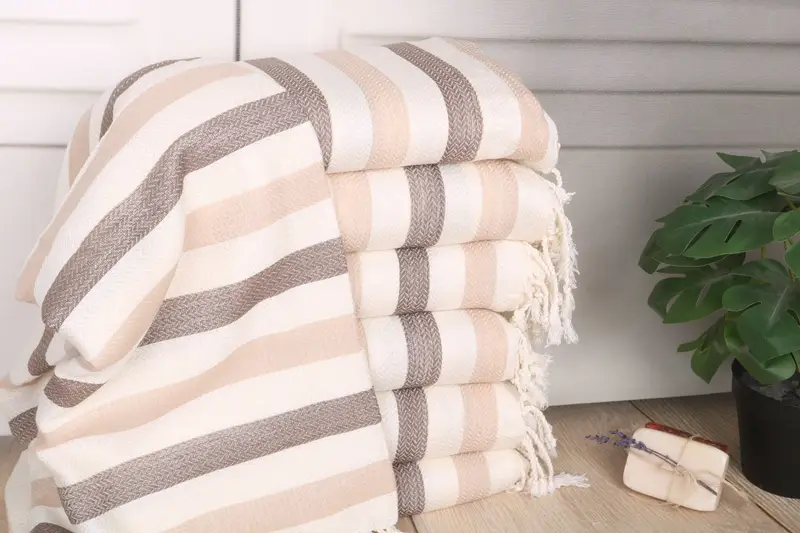 Beach Towel Beige-Brown Cotton Striped, Personalized Gift, 40x67 Inches