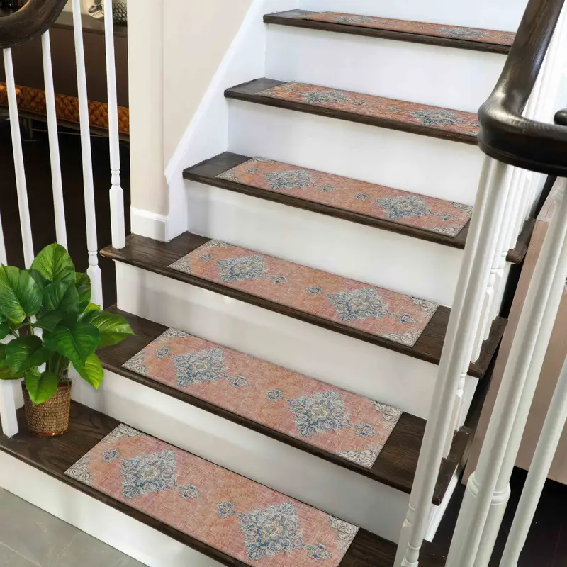 Orange Medallion Stair Rug, Printed Boho Oushak Design