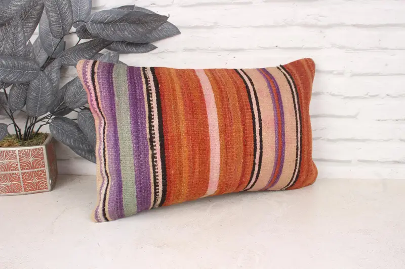 Handmade Kilim Cushion, Vintage Pillow, 12x20 Orange Cushion Case, Ottoman Cushion, Pillow for Couch, Oriental Pillow, Pillow Case - 3