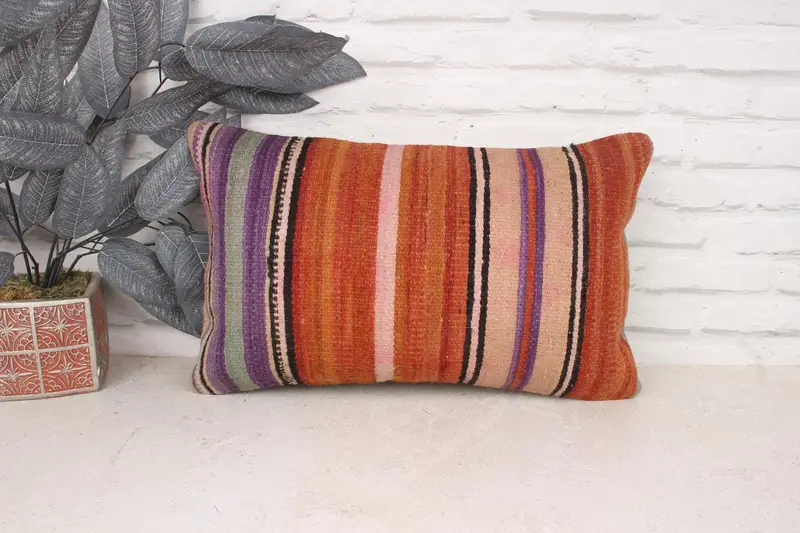 Handmade Kilim Cushion, Vintage Pillow, 12x20 Orange Cushion Case, Ottoman Cushion, Pillow for Couch, Oriental Pillow, Pillow Case - 1