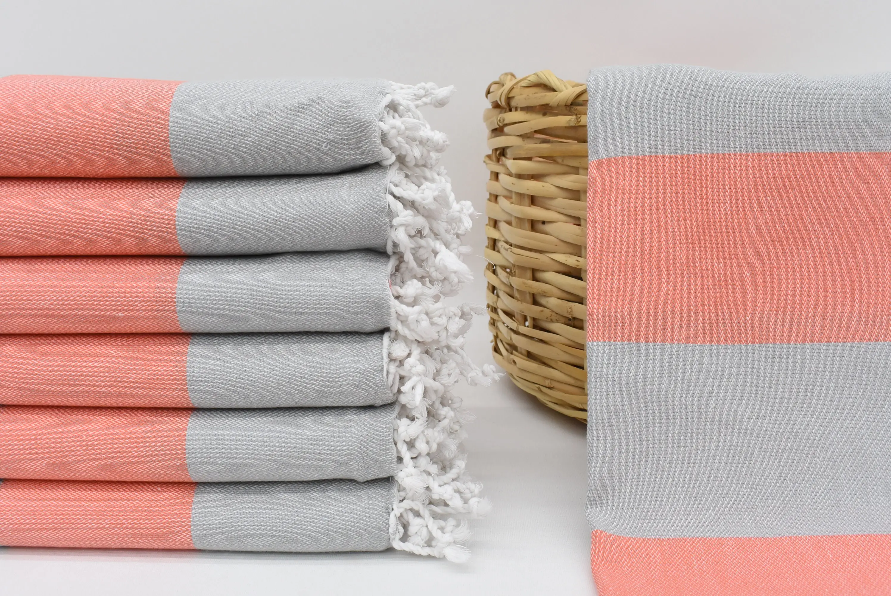 Personalized Gray-Coral Striped Organic Cotton Towel, 70x40 Inches - 1